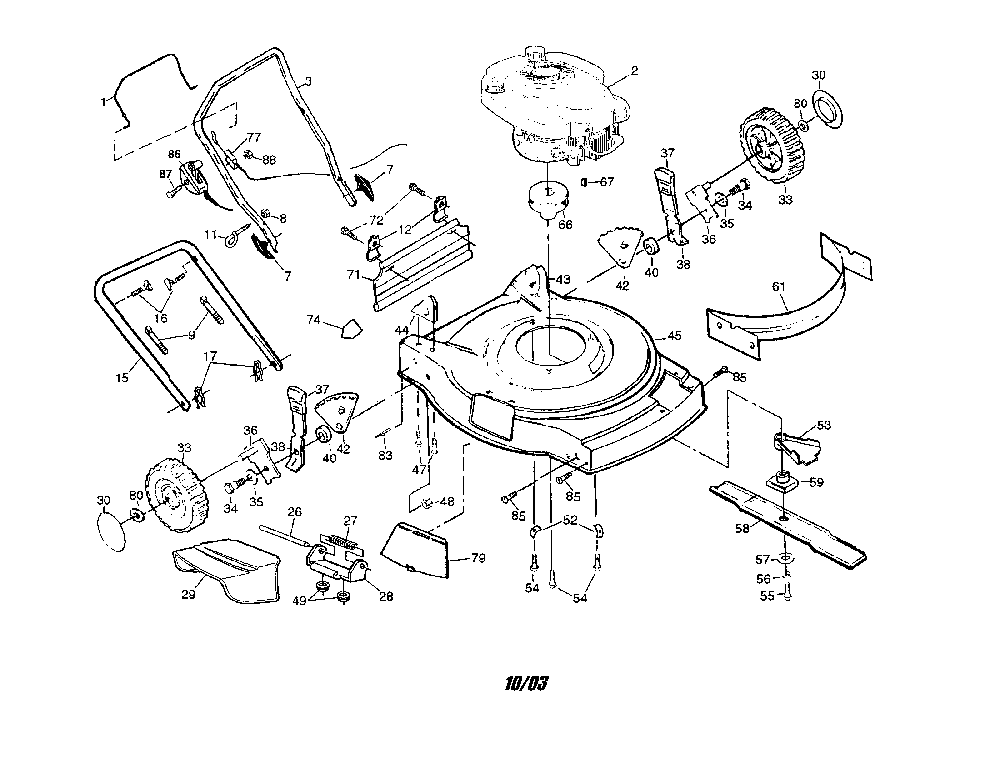 Engine/housing/handle/wheels Diagram and Parts List for WE5TY22SE  Weed Eater Lawn Mower